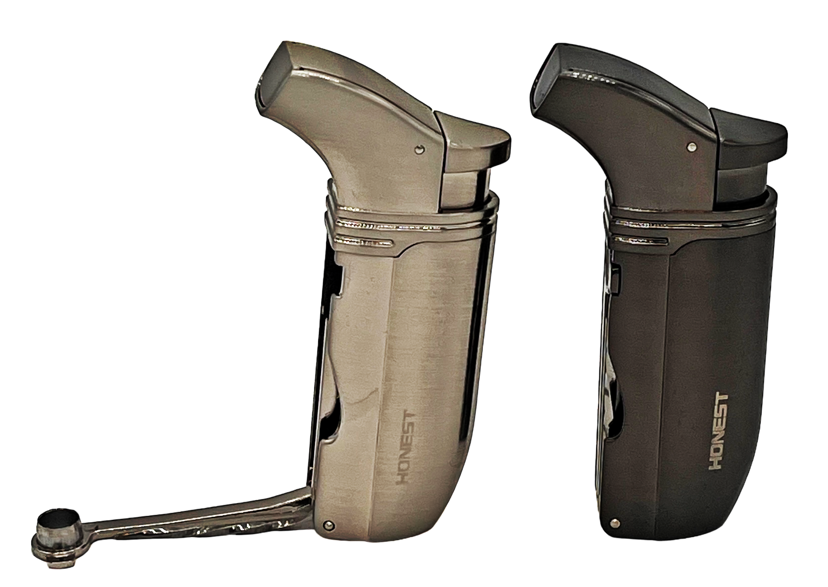 Honest Dahl Twin Jet Flame Pipe and Cigar Lighter with Punch and Draw Spike - Chrome